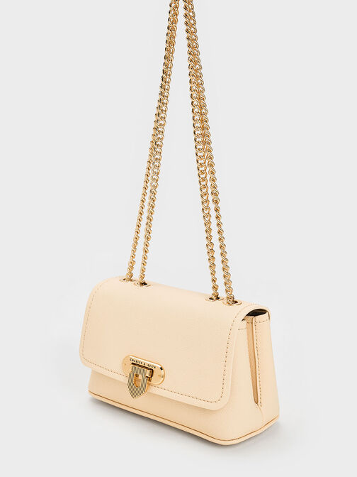 Bolso Alcott con cierre de botón a presión y cadena, Beige, hi-res