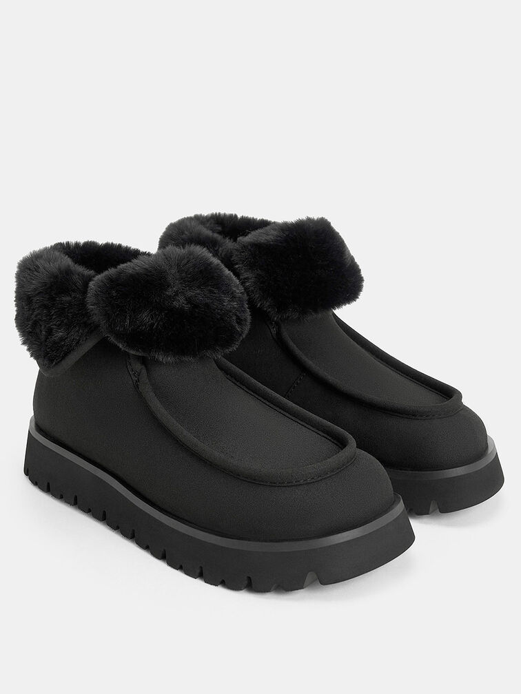 Botines texturizados con forro de pelo y suela dentada, Negro, hi-res
