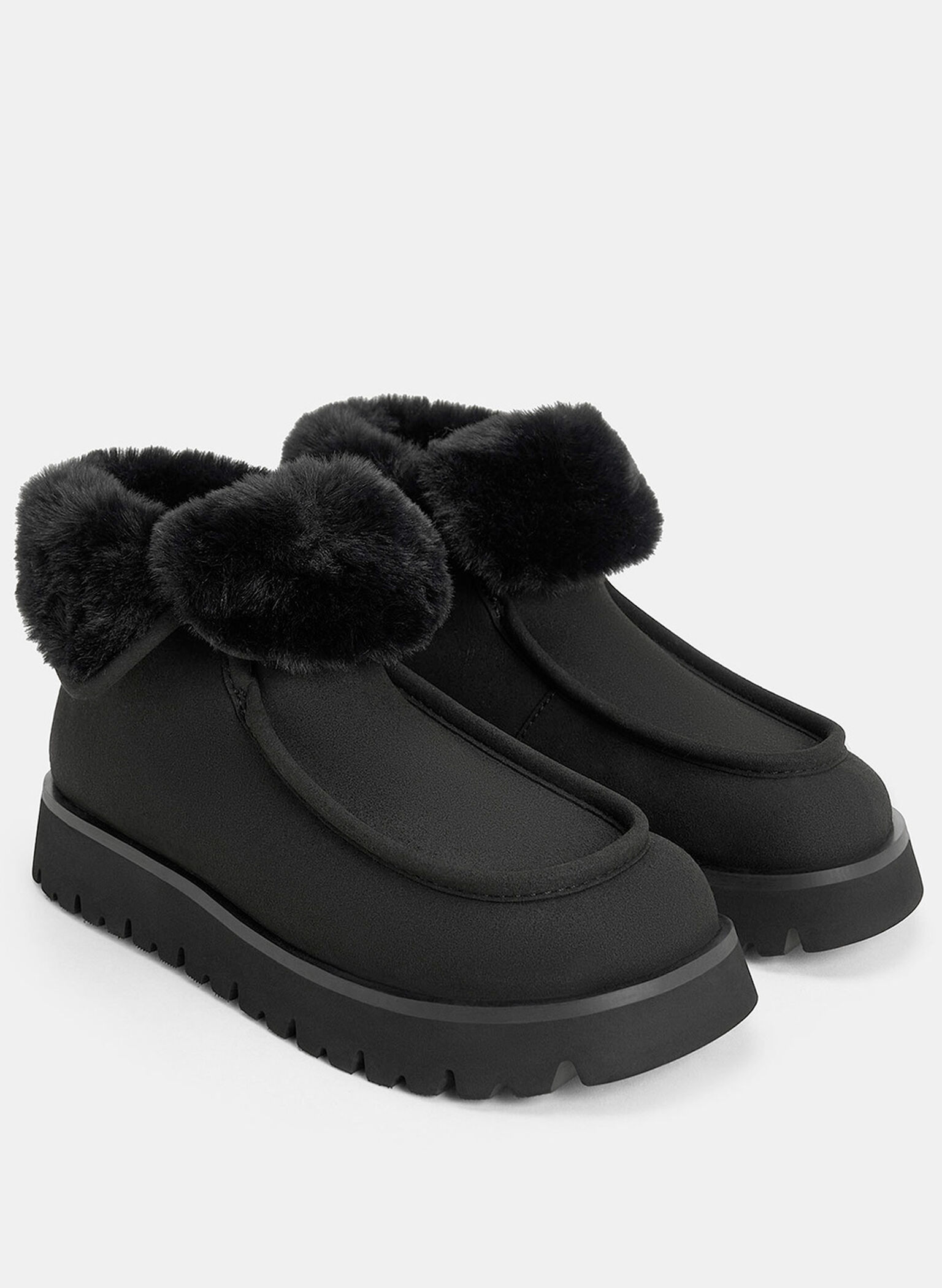 Textured Fur-Lined Ridged-Sole Ankle Boots, Black, hi-res