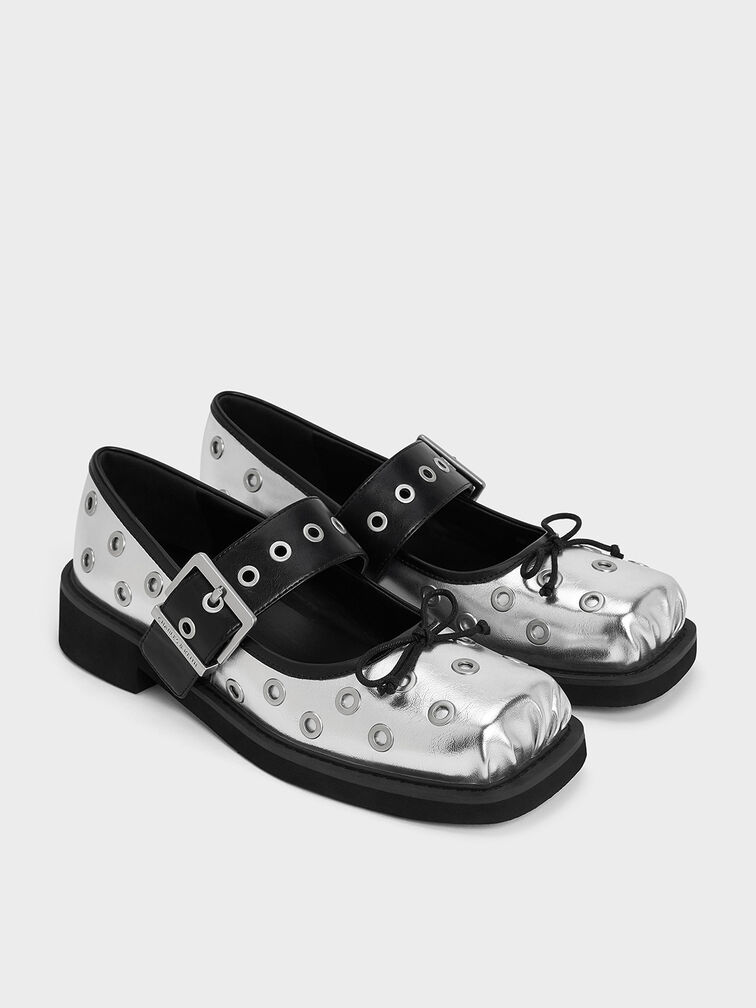 Metallic Grommet Buckled Mary Janes, Silver, hi-res