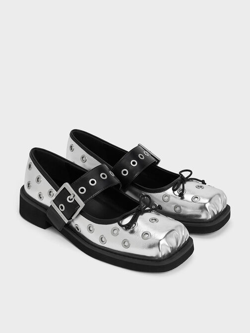 Metallic Grommet Buckled Mary Janes, Silver, hi-res