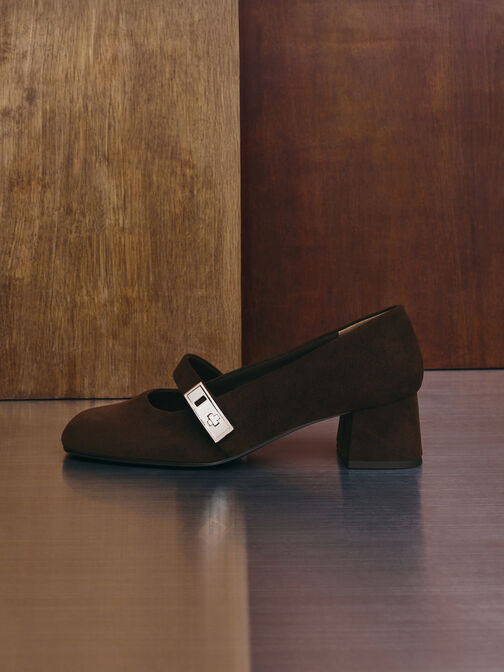 Lando Faux Suede Metallic-Buckle Mary Jane Pumps, Dark Brown Textured, hi-res