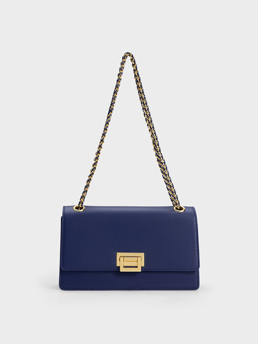 Metallic Accent Front Flap Bag, Navy, hi-res