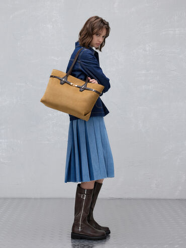 Arlet Recycled Suede Double-Handle Belted Tote Bag, Sahara Sand, hi-res