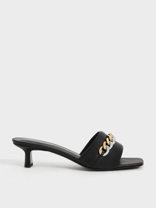 Chain-Embellished Blade Heel Mules, Black, hi-res