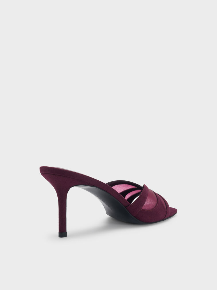 Faux Suede & Mesh Heeled Mules, Burgundy, hi-res