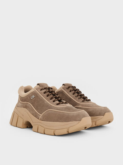 Yunna Suede & Recycled Fabric Chunky Sneakers, Taupe, hi-res