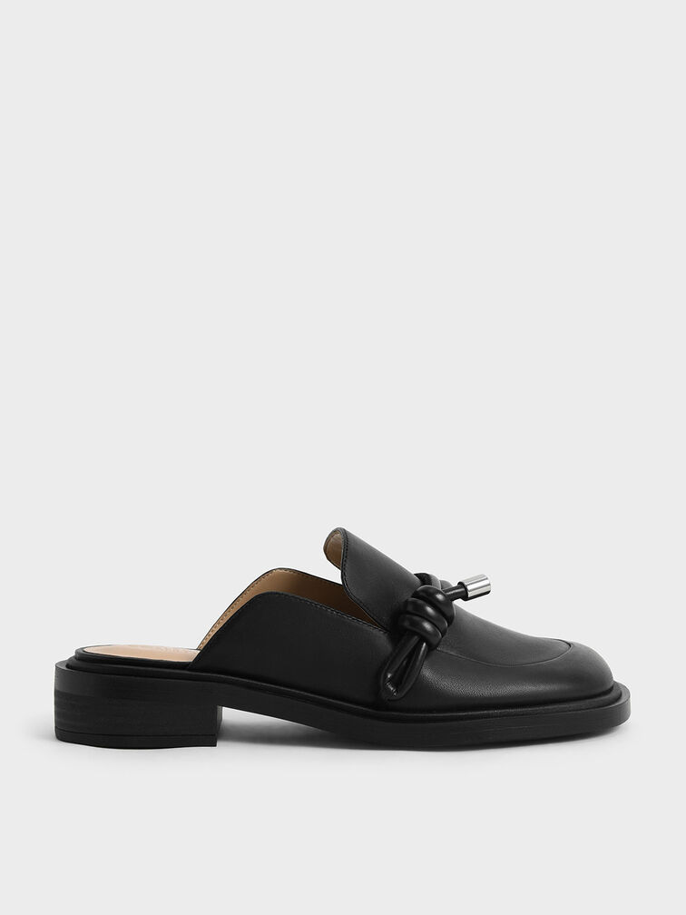 Leather Knotted Loafer Mules, Black, hi-res