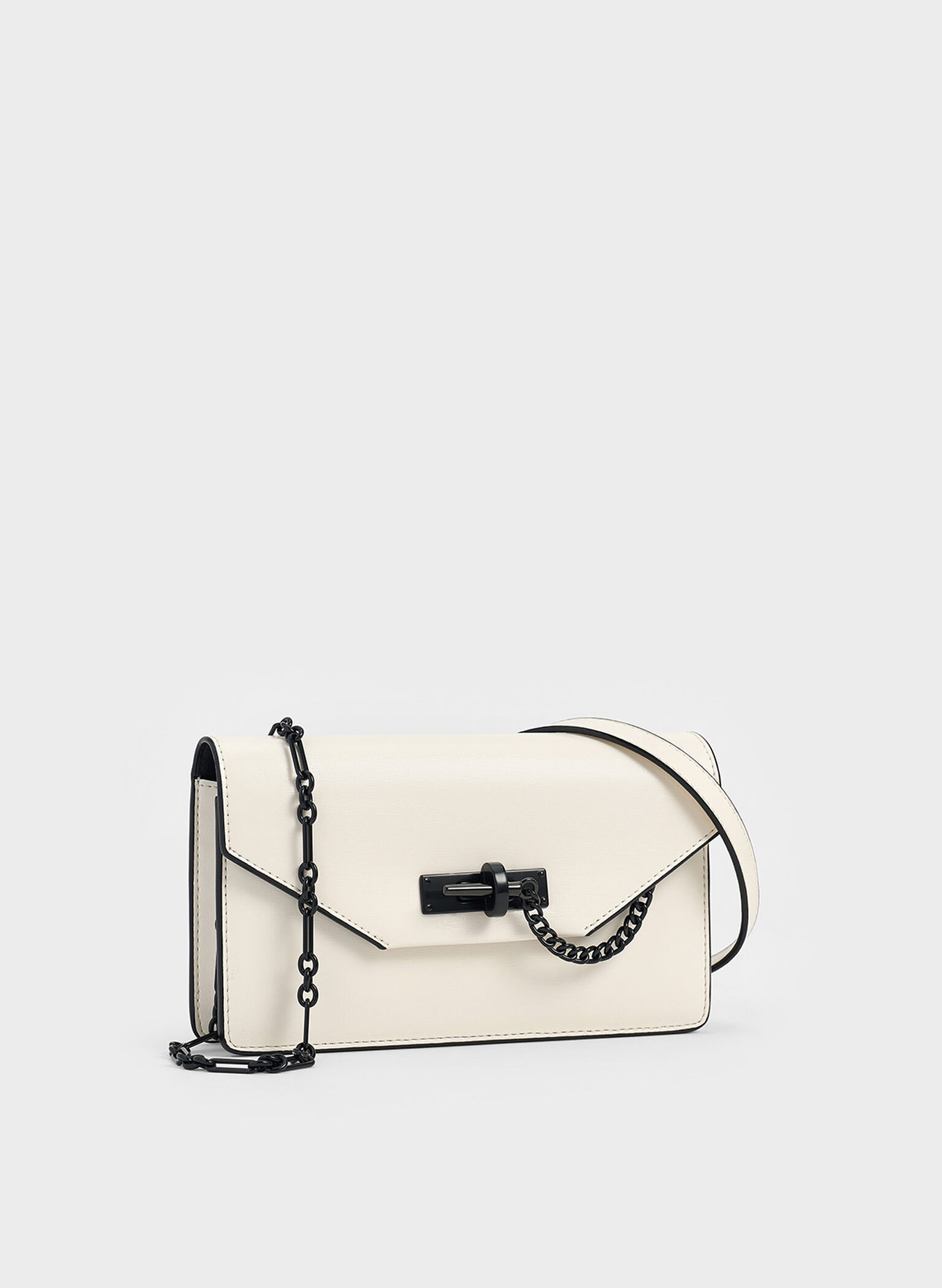 Bolsa Crossbody Samantha Envelope com Corrente Enfeitada, Cream, hi-res