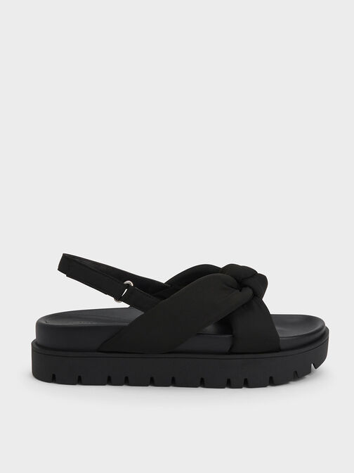 Sandalias con plataforma plana anudada de nailon, Negro, hi-res