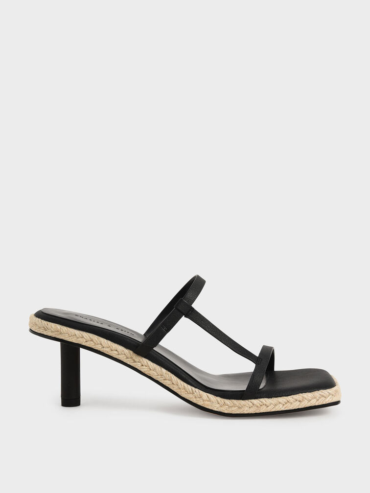 Jute-Trim Heeled Mules, Black, hi-res
