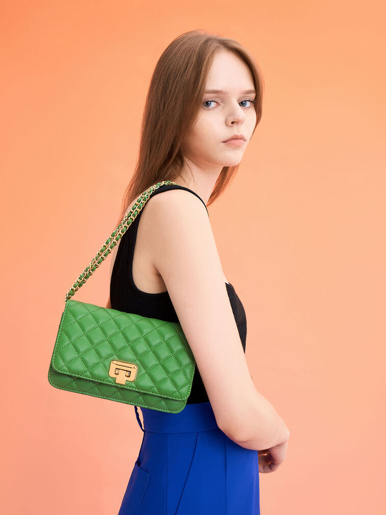 Quilted Push-Lock Clutch, Green, hi-res
