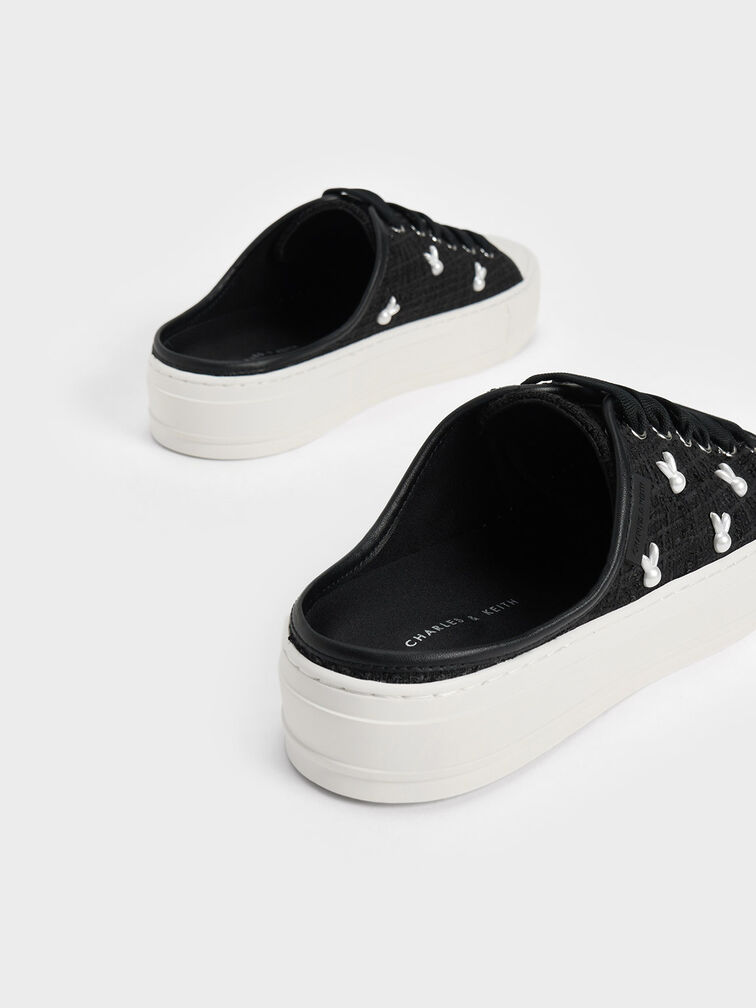 Zapatillas Deportivas sin Cordones de Tweed con Motivo de Conejo, Negro, hi-res
