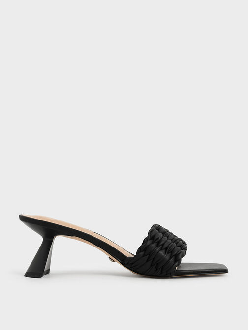 Pleated Sculptural Heel Sandals, Black, hi-res