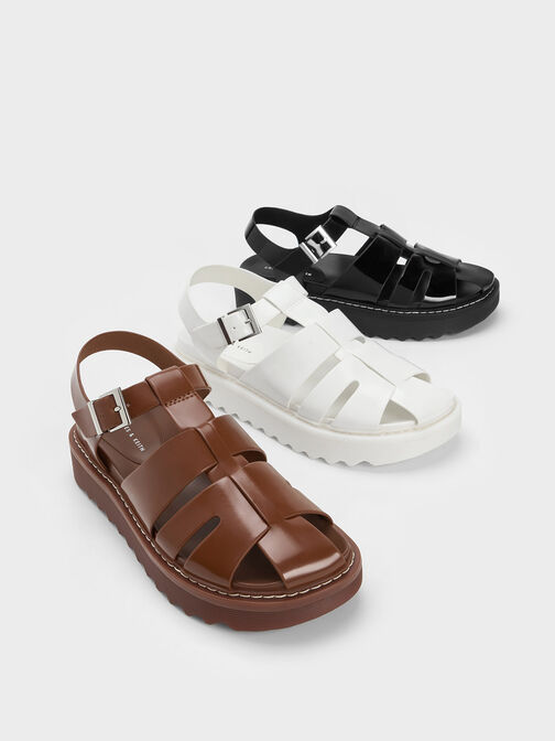 Buckled Caged Sandals, White, hi-res