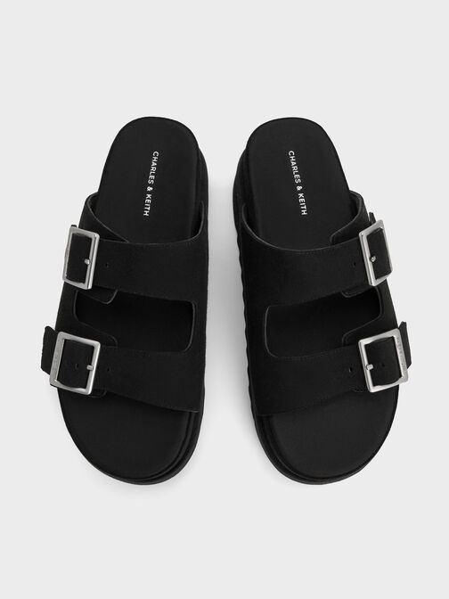 Buckled Double-Strap Flatform Sandals, Black, hi-res