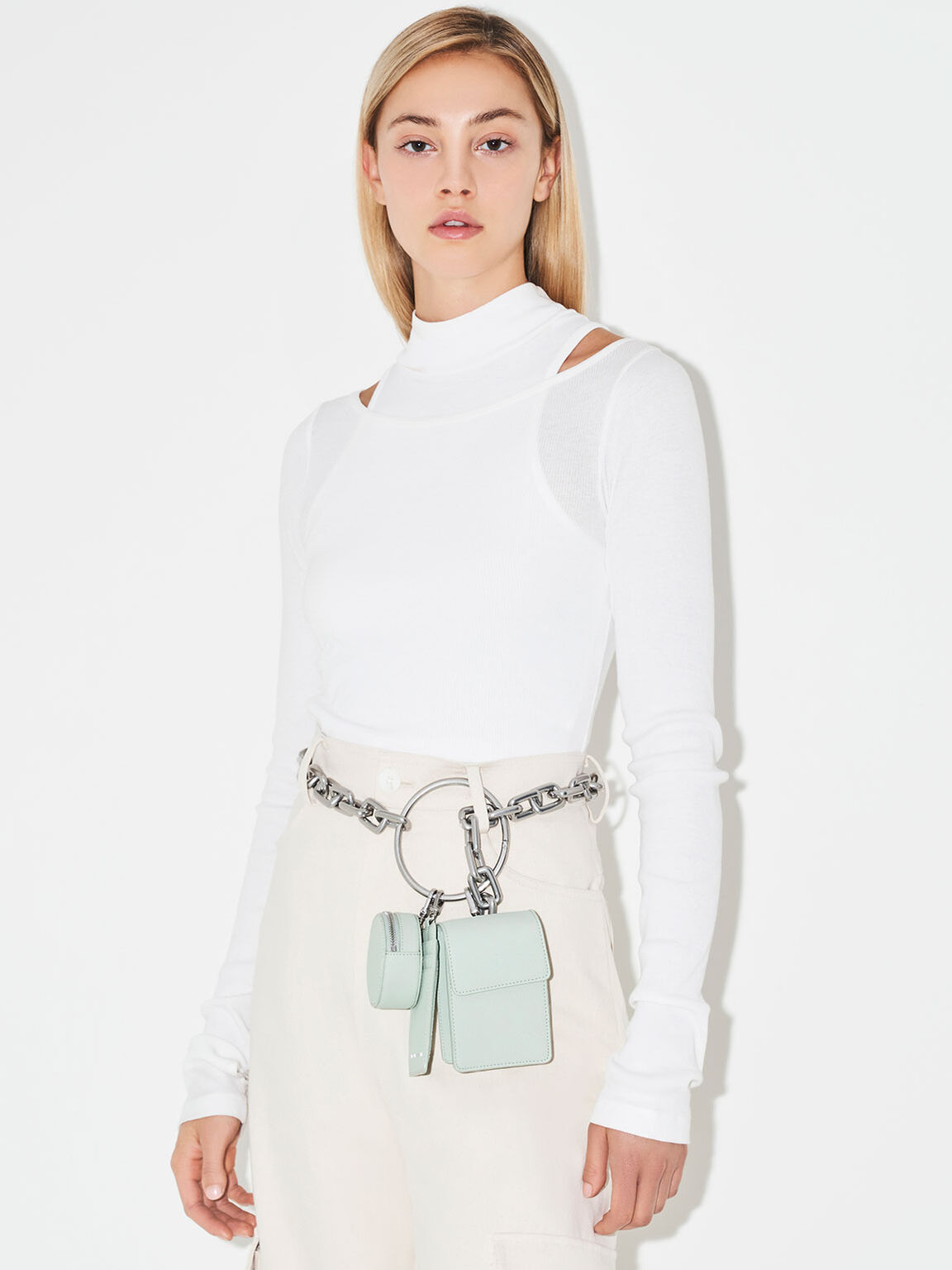 Chain Strap Ring-Detail Mini Bag, Light Green, hi-res