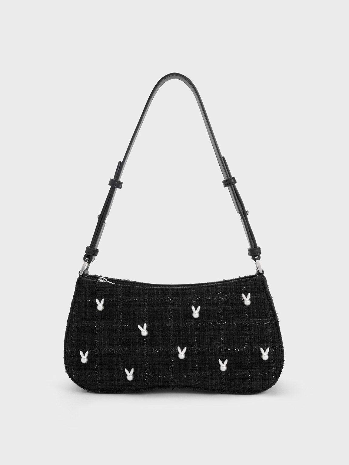 Bunny Tweed Shoulder Bag, Black, hi-res