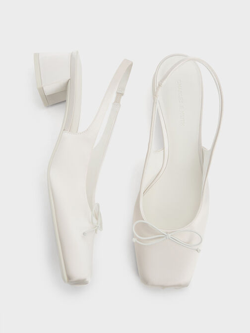 Satin Bow Square-Toe Slingback Pumps, Chalk, hi-res