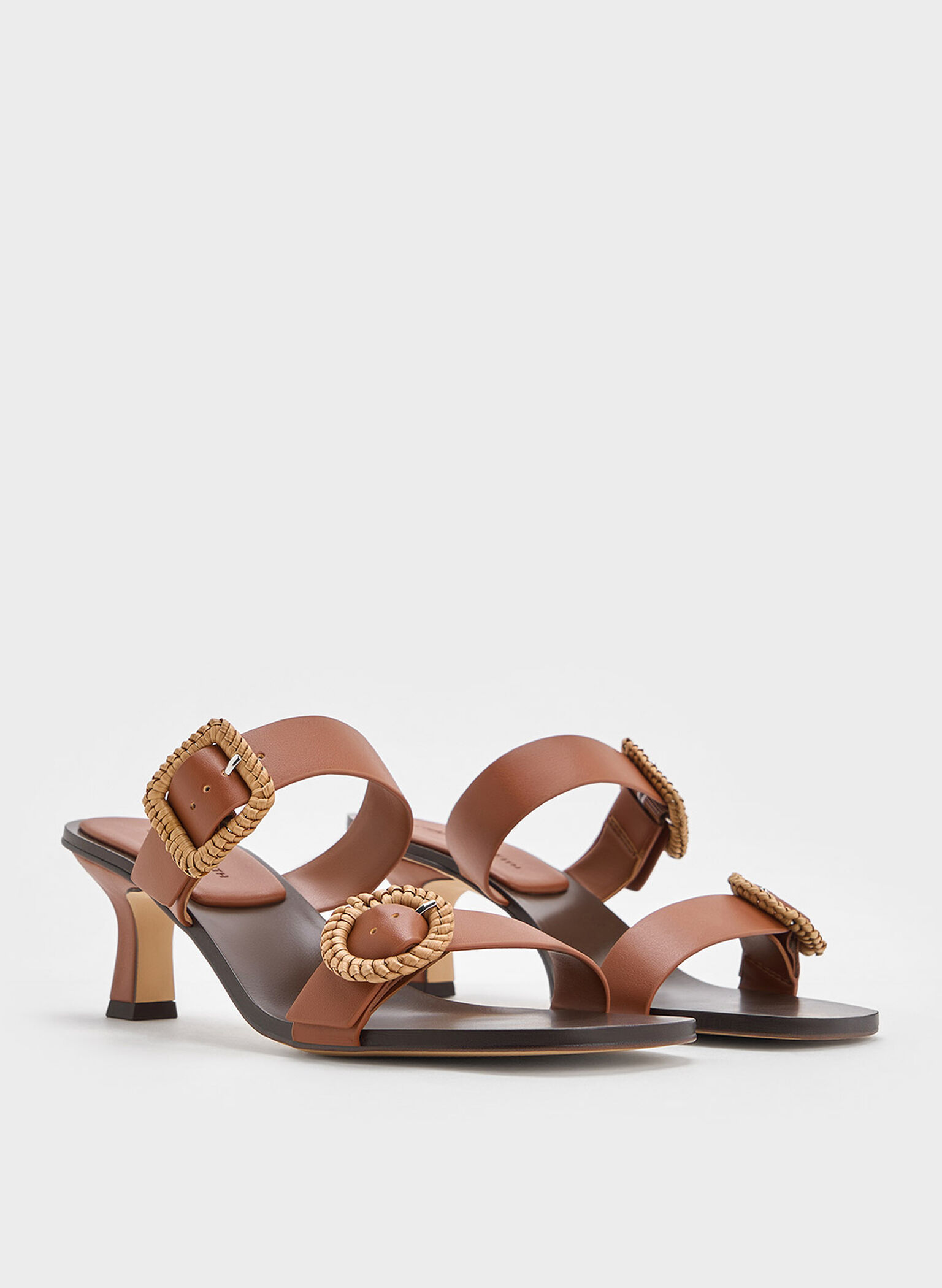 Woven-Buckle Heeled Mules, Brown, hi-res
