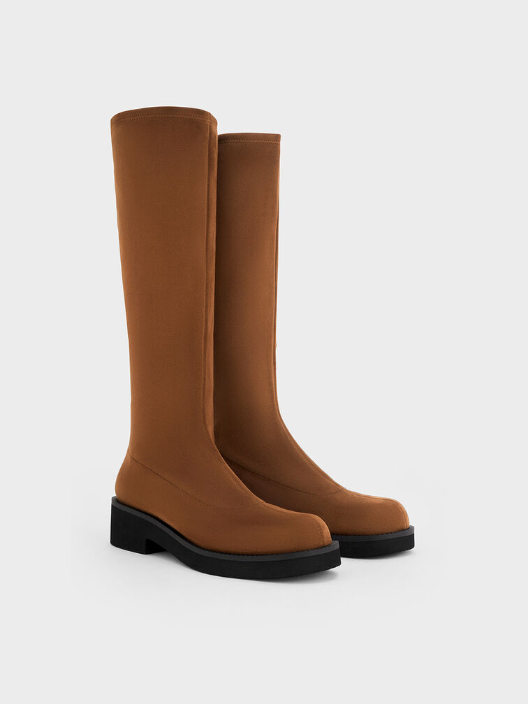 Faux Suede Chunky-Sole Knee-High Boots, Brown, hi-res