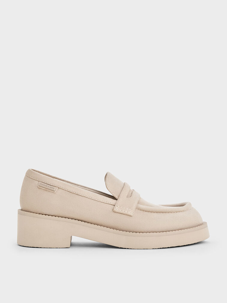 Faux Suede Chunky-Sole Penny Loafers, Beige, hi-res