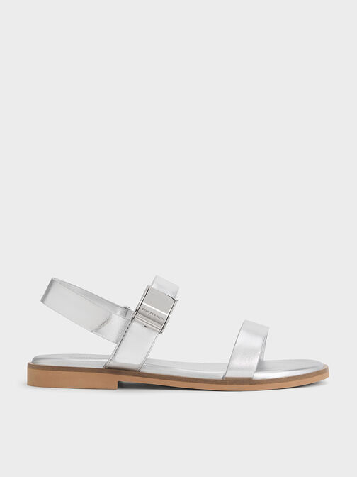 Girls' Yvette Metallic Double Strap Sandals, Silver, hi-res