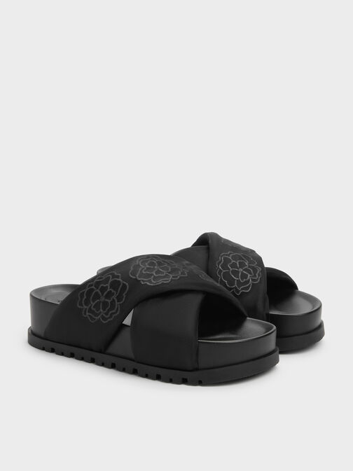 Satin Embroidered-Flower Crossover Sandals, Black Textured, hi-res