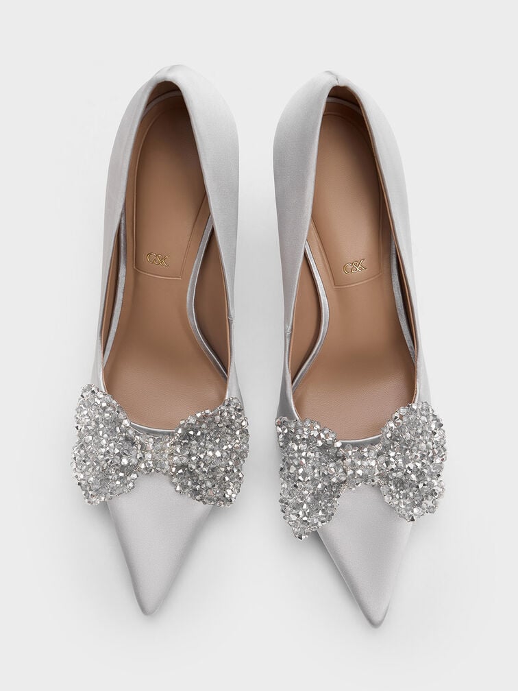 Recycled Polyester Beaded Bow Pumps, Silver, hi-res
