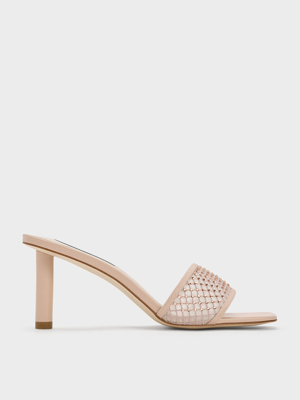 Nude Gem Encrusted Cylindrical Heel Mesh Sandals CHARLES KEITH US