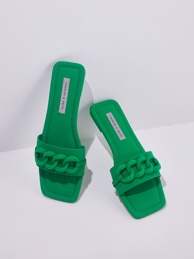 Chunky Chain-Link Slide Sandals, Green, hi-res