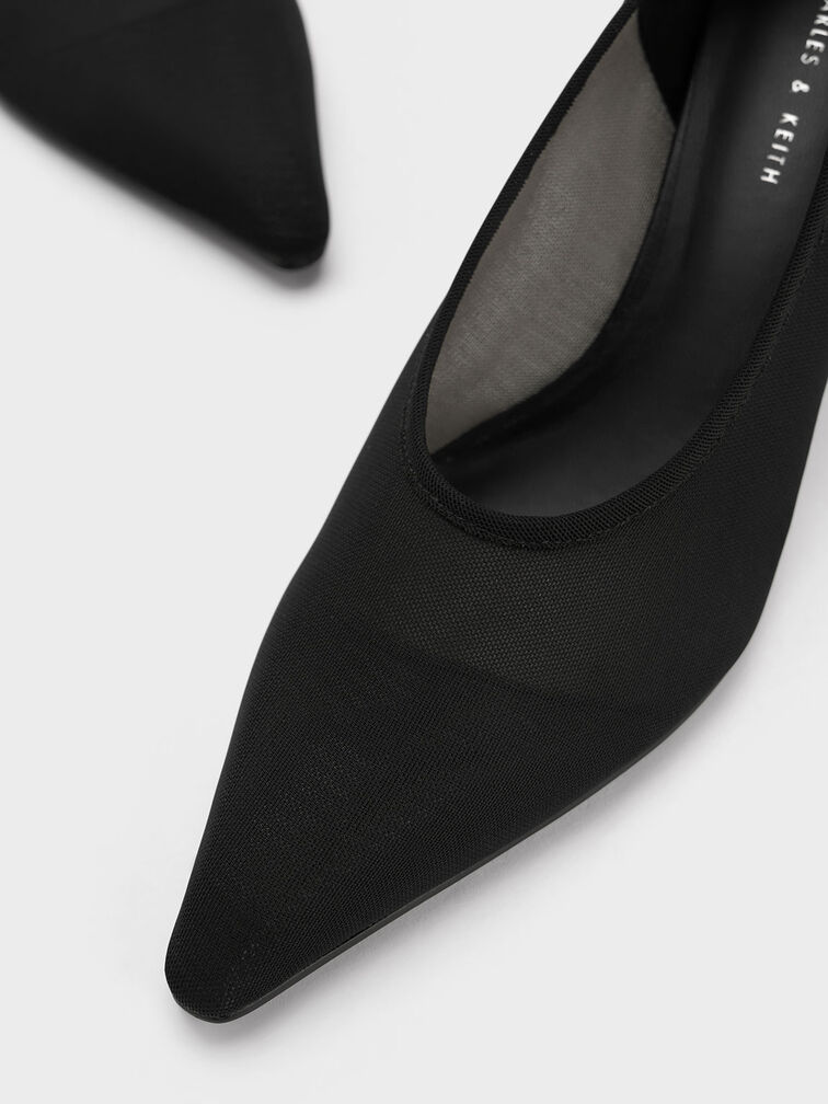 Mesh Slant-Heel Pointed-Toe Pumps, Black Textured, hi-res