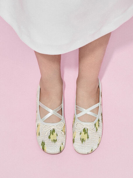 Girls' Mesh-Floral Crossover Ballet Flats, Multi, hi-res