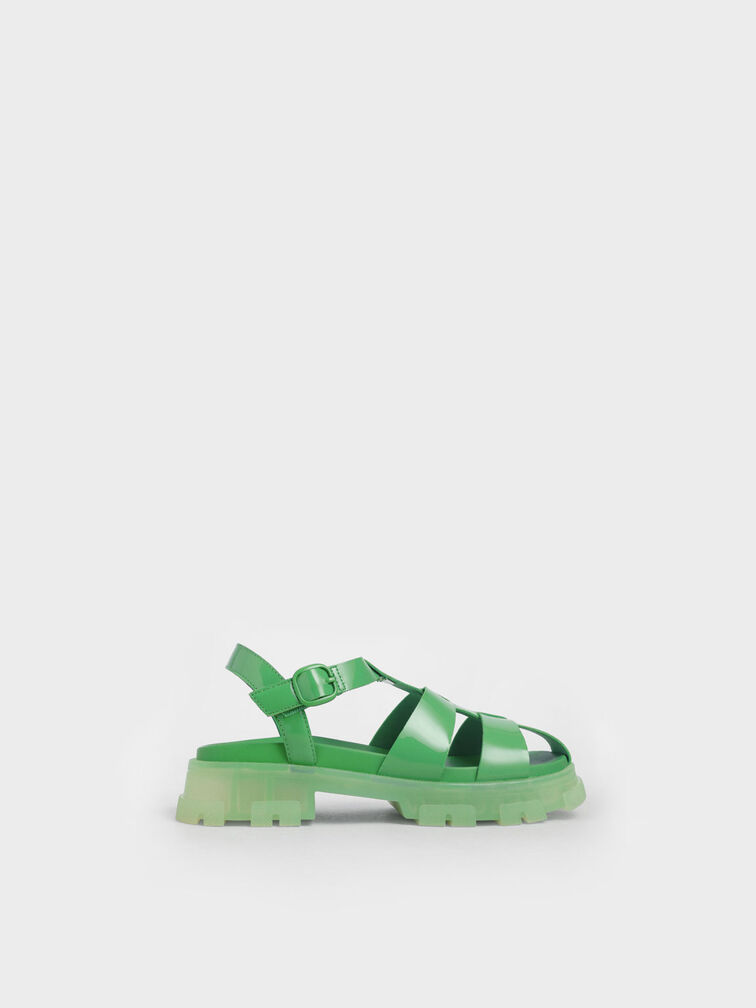 Girls' Patent Caged Sandals, Green, hi-res