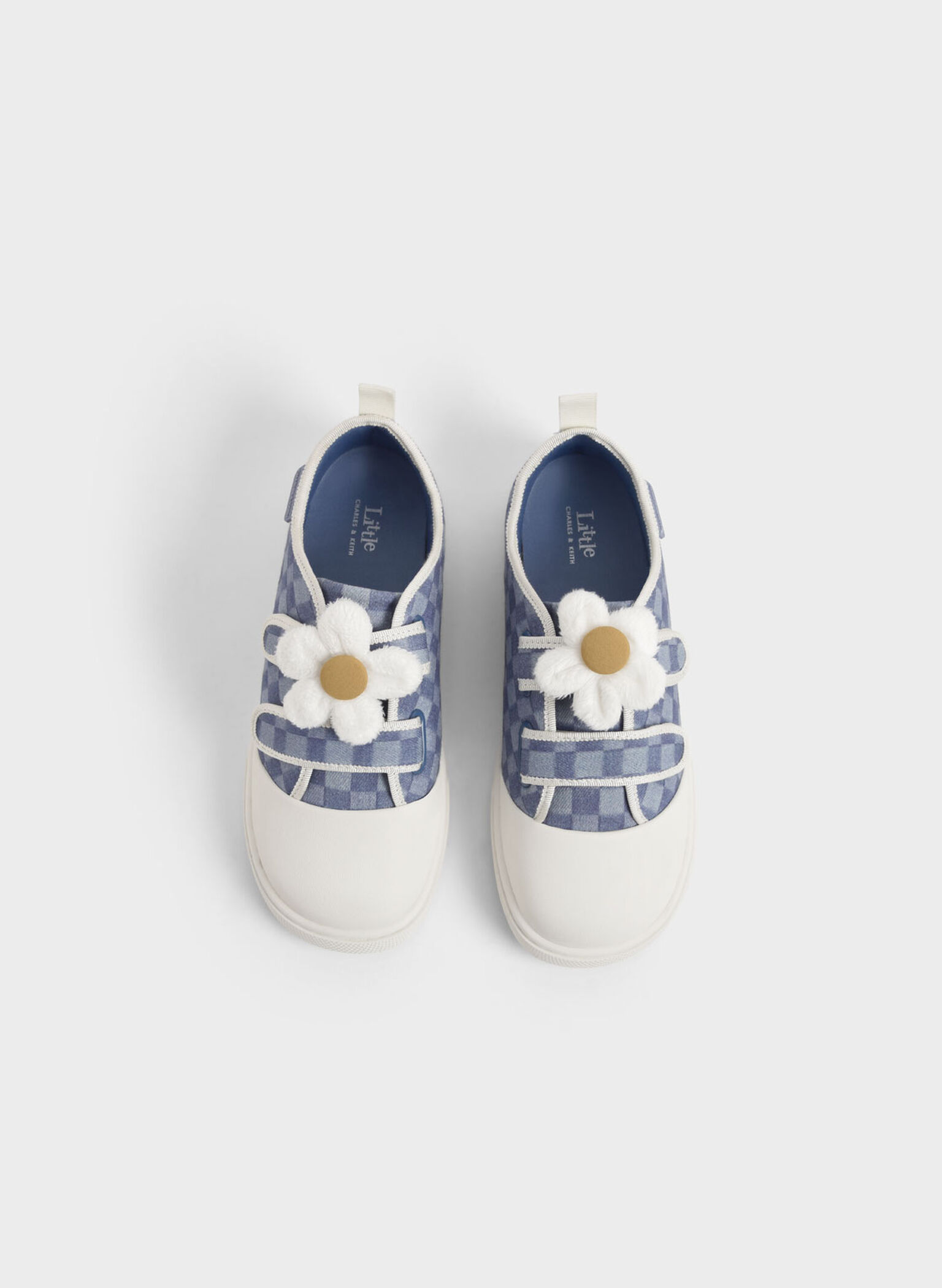 Girls' Flower-Embellished Denim Check-Print Sneakers, Blue, hi-res