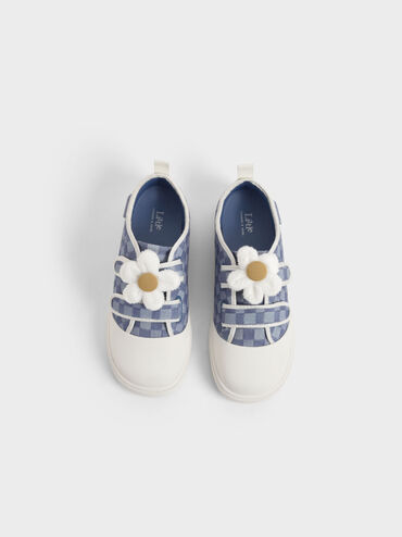 Zapatillas de niña con estampado de cuadros de mezclilla adornados con flores, Azul, hi-res