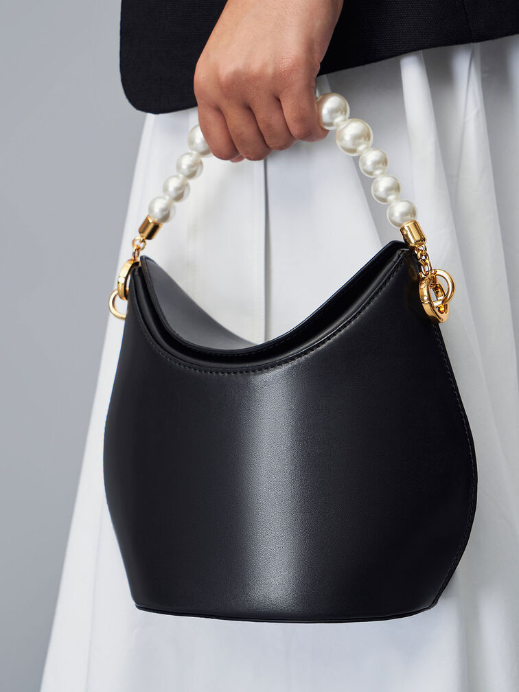 Bead-Embellished Knotted Handle Bag, Black, hi-res