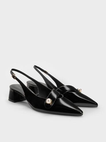 Escarpins slingback Marie &agrave; perles, Noir box, hi-res