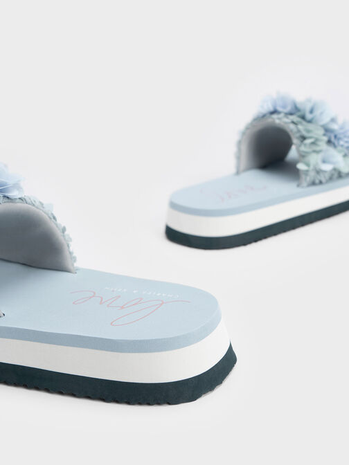Floral Mesh Flatform Sandals, Light Blue, hi-res