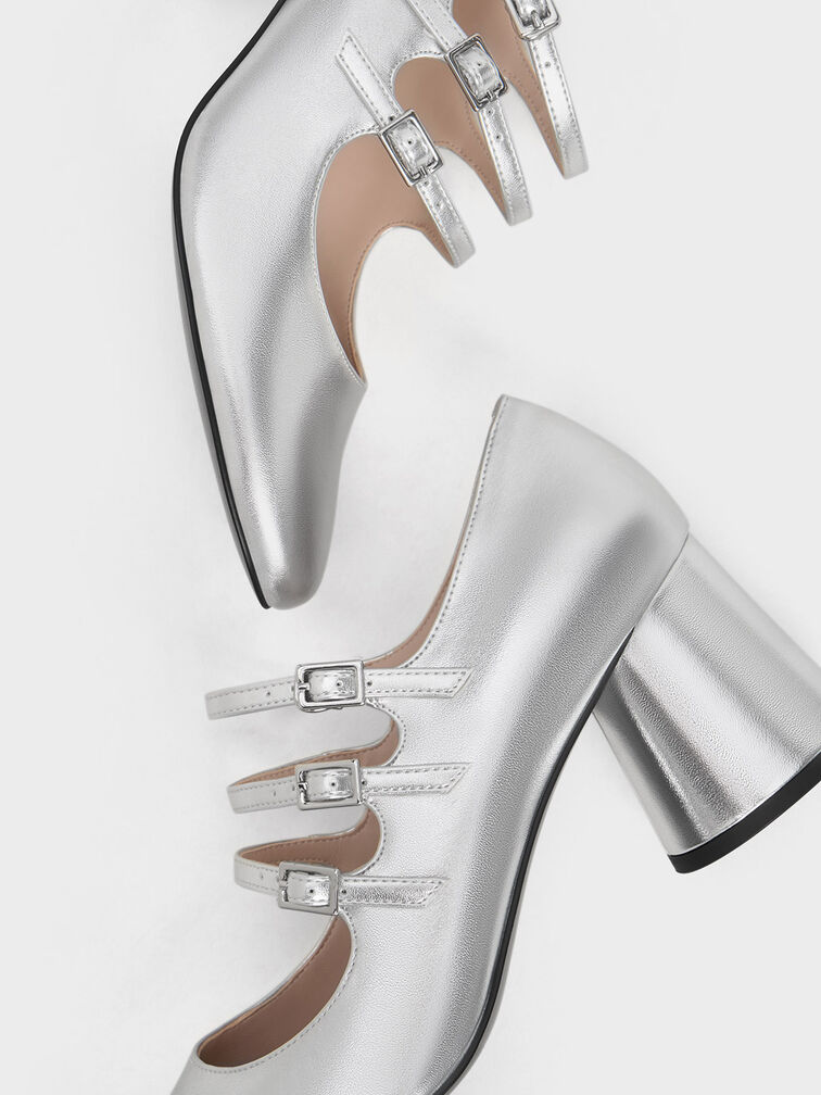 Claudie Metallic Buckled Mary Janes, Silver, hi-res