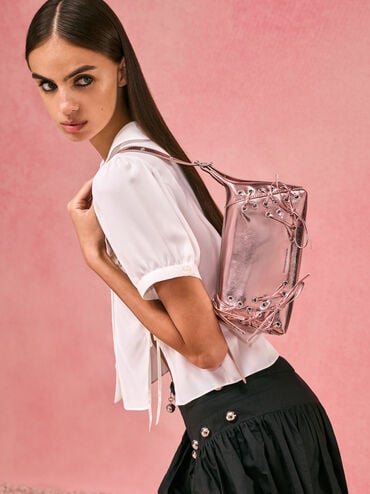 Sac porté épaule à lacets et œillets Xylia, Aura Pink, hi-res