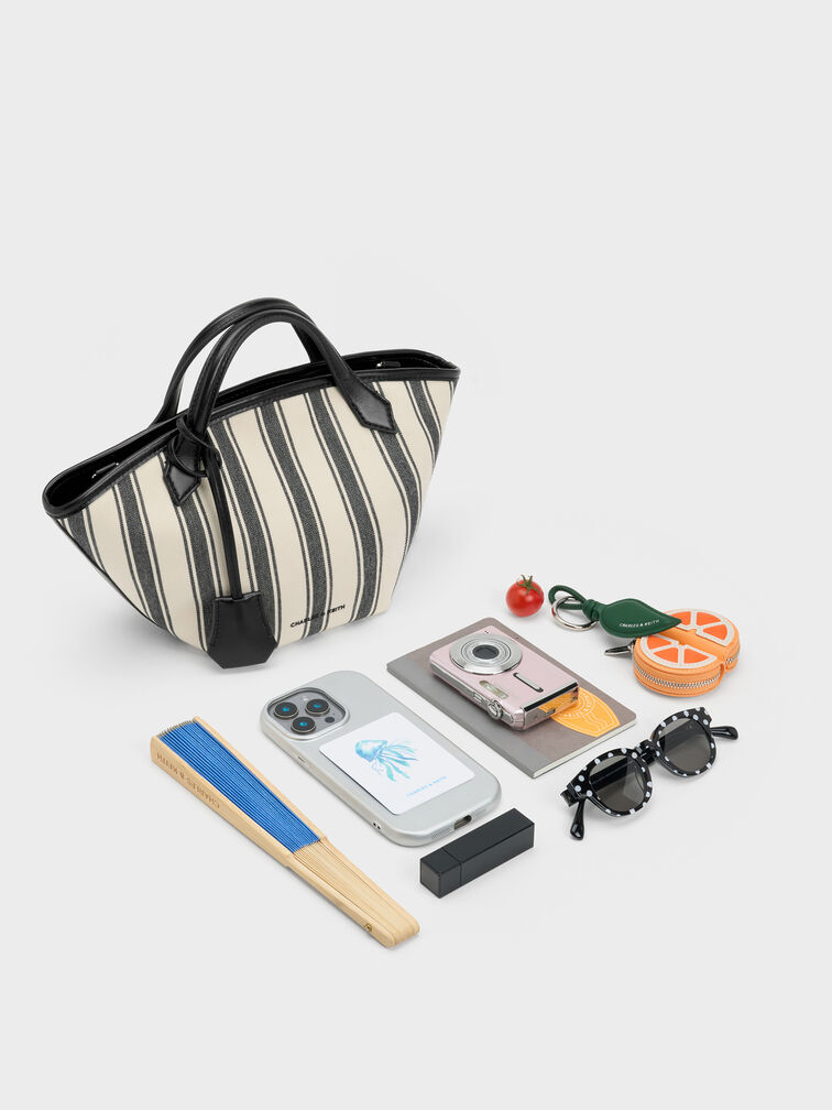 Mini Ivanna Canvas Striped Tote Bag, Noir, hi-res
