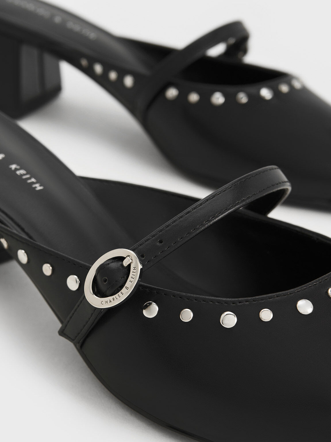 Black Studded Pointed Toe Block Heel Mules CHARLES KEITH CA