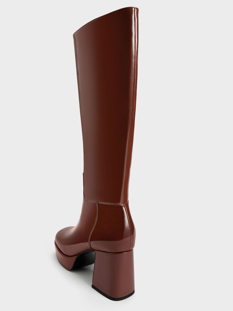 Patent Platform Knee-High Boots, Cognac, hi-res
