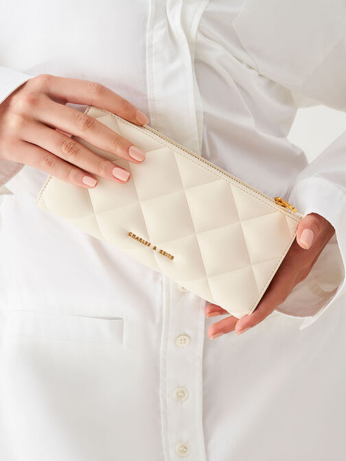 Danika Quilted Long Wallet, Cream, hi-res