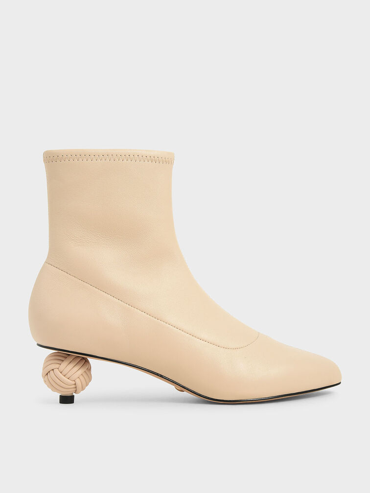 Leather Sculptural Heel Ankle Boots, Chalk, hi-res