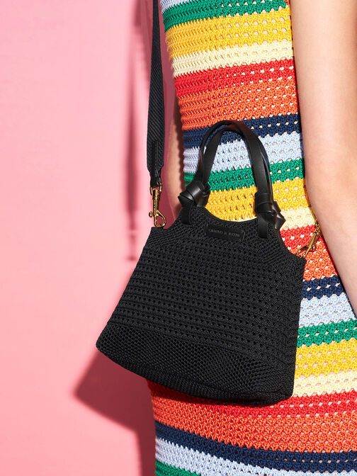 Bolso tote tejido con asa anudada, Negro, hi-res