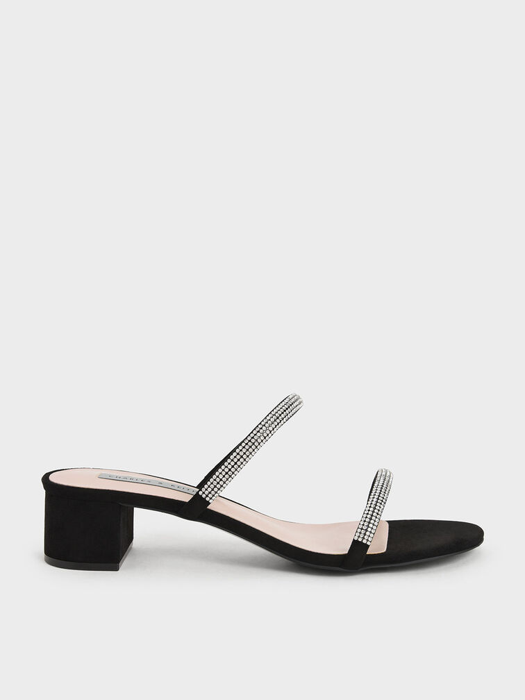 Gem-Encrusted Strappy Heeled Mules, Black, hi-res