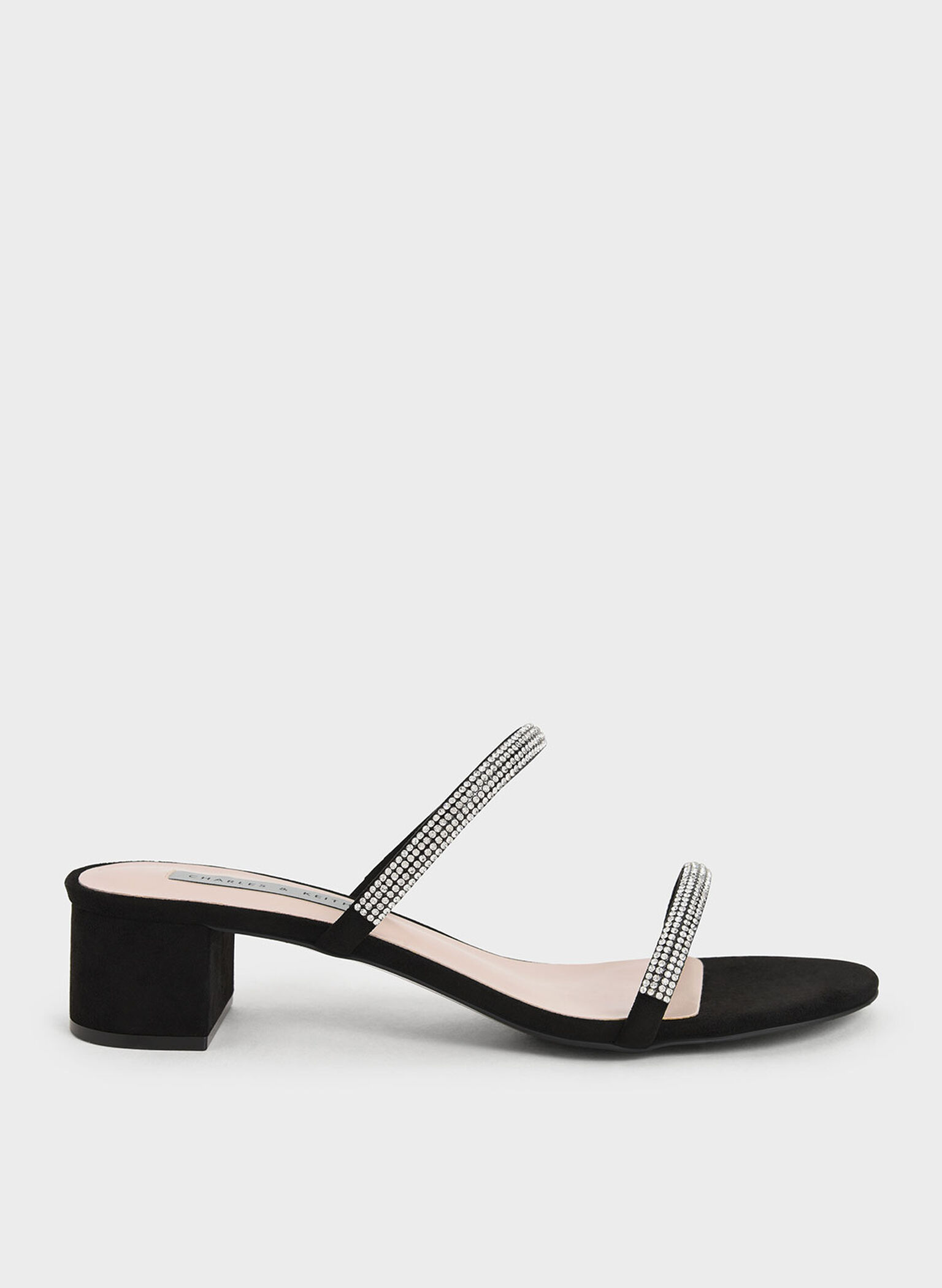 Gem-Encrusted Strappy Heeled Mules, Black, hi-res