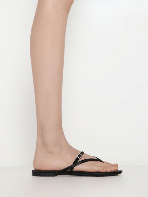 Satin Crystal-Buckle Strappy Thong Sandals, Black Textured, hi-res